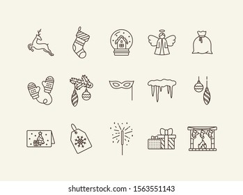 New Years Day symbols thin line icon set. Reindeer, mittens, icicles sign pack. Winter holidays concept. Vector illustration symbol elements for web design and apps