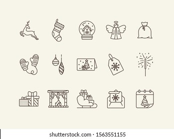 New Years Day thin line icon set. Gifts, postcard, fireplace sign pack. Winter holidays concept. Vector illustration symbol elements for web design and apps