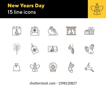 New Years Day thin line icon set. Gifts, postcard, fireplace sign pack. Winter holidays concept. Vector illustration symbol elements for web design and apps