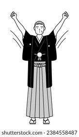 New Year's Day and weddings, Senior man wearing Hakama with crest doing radio calisthenics, preparation for accident prevention, Vector Illustration