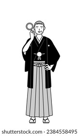 New Year's Day and weddings, Senior man wearing Hakama with crest looking through magnifying glasses, Vector Illustration