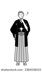 New Year's Day and weddings, Senior man wearing Hakama with crest nodding his head in question, Vector Illustration