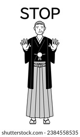 New Year's Day and weddings, Senior man wearing Hakama with crest with his hands out in front of his body, signaling a stop, Vector Illustration