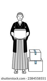 New Year's Day and weddings, Senior man wearing Hakama with crest working to carry cardboard boxes, Vector Illustration