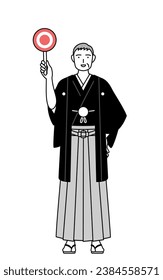 New Year's Day and weddings, Senior man wearing Hakama with crest holding a maru placard that shows the correct answer, Vector Illustration