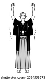 New Year's Day and weddings, Senior man wearing Hakama with crest stretching and standing tall, Vector Illustration
