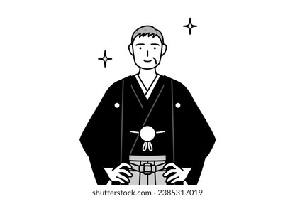 New Year's Day and weddings, Senior man wearing Hakama with crest with his hands on his hips, Vector Illustration