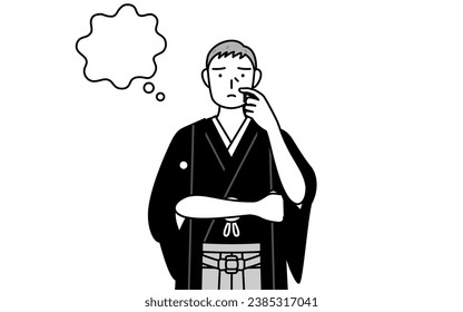 Día de Año Nuevo y bodas, anciano usando Hakama con pensamiento cresta mientras rasca su cara, Ilustración vectorial