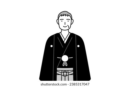 New Year's Day and weddings, Senior man wearing Hakama with crest with a smile facing forward, Vector Illustration