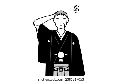 New Year's Day and weddings, Senior man wearing Hakama with crest scratching his head in distress, Vector Illustration