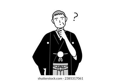 New Year's Day and weddings, Senior man wearing Hakama with crest nodding his head in question, Vector Illustration