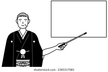 New Year's Day and weddings, Senior man wearing Hakama with crest pointing at a whiteboard with an indicator stick, Vector Illustration