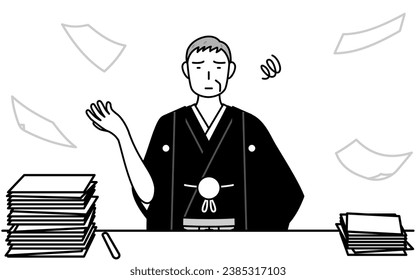 New Year's Day and weddings, Senior man wearing Hakama with crest who is fed up with his unorganized business, Vector Illustration