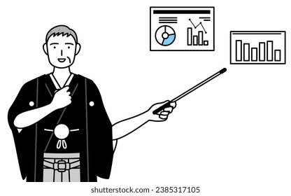 New Year's Day and weddings, Senior man wearing Hakama with crest analyzing a performance graph, Vector Illustration