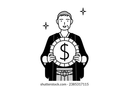 New Year's Day and weddings, Senior man wearing Hakama with crest with images of foreign exchange gains and dollar appreciation, Vector Illustration
