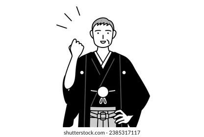 New Year's Day and weddings, Senior man wearing Hakama with crest posing with guts, Vector Illustration