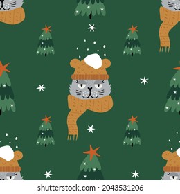 New Year's decor with cat. Seamless pattern with funny cat. Festive print for packaging, covers, printable, stationery, wrapping paper and so much more. Vector illustration.