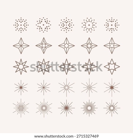 New Year's decor. Collection of polygonal star element and rays decorative symbols for design. Winter holyday ornament.