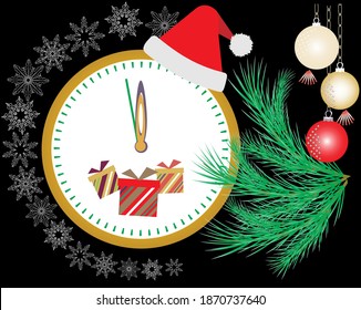 New Year's decor with a dial on a black background. Vector illustration for the design of holiday cards and accessories