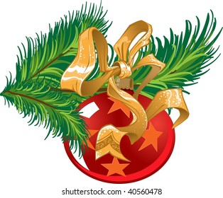 New Year's decoration glass sphere with bow on the fir branch