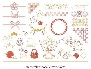 New Year's decoration illustration. New Year design material set. Japanese patterns, mizuhiki, inserts, and frames.