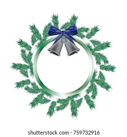 New Year's decoration, a wreath of twigs fir-tree suspended bells blue bow, frame. Postcard, decoration, banner