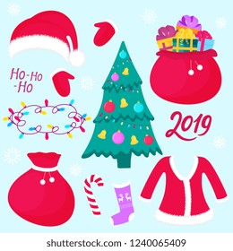 New Year's decorations. Christmas fir tree with balls. A bag with presents. Santa Claus costume and hat. Sock and mitten, garland. 2019 hand lettering