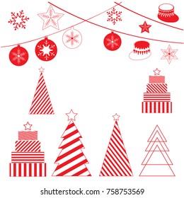 New Year's decorations for your design. Decorative fir, Christmas tree, gifts, balls, snowflakes, stars.
