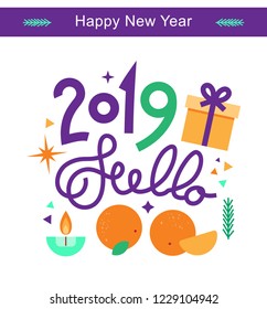 New Year's decorative composition with the words Hello 2019, a gift, oranges, a candle, confetti and a sprig of the Christmas tree