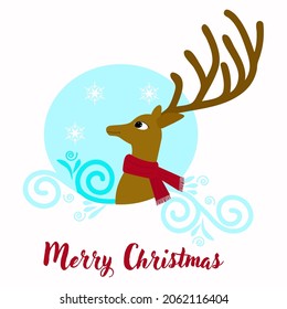 New Year's deer in a blue circle with frosty patterns and snowflakes. A deer with branched horns in a red scarf is a symbol of Christmas. Vector isolated on a white background