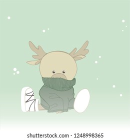 
New Year's deer. Fawn in a warm sweater and white moon boots. Winter, New Year's animals. Children's character. Fairy deer.