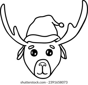 New Year's deer, head, black and white drawing, coloring, vector.