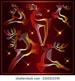 New Year's deer on a festive background-set. Vector illustration.