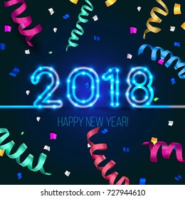 New Year's design. 2018 the year of Fiery Dogs. Vector neon figures with lights. Greeting card background with serpentine and confetti