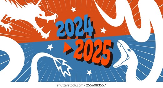 New Year's design for 2024. Vector illustration of the zodiac dragon 2024 and the zodiac snake 2025 fighting.