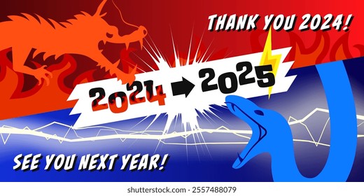 New Year's design for 2024. Vector illustration of the Chinese zodiac dragon 2024 and the Chinese zodiac snake 2025 facing each other and fighting.