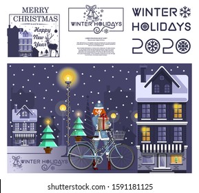 New Years design set. Winter holidays 2020. Greeting Christmas card with cute girl in night winter city. Vector illustration
