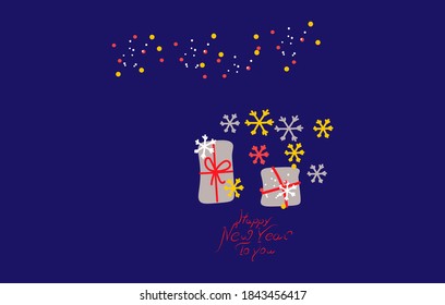 new year's design set.handwritten calligraphy, gift boxes,tinsel, snowflakes.EPS 10