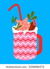 New Year's dessert in pink colors. Vector illustration of a winter drink in a flat style. New Year's cup with a drink and sweets, gingerbread, ring, lollipop.