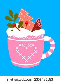 New Year's dessert in pink colors. Vector illustration of a winter drink in a flat style. New Year's cup with a drink and sweets, gingerbread, ring, lollipop.