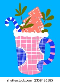New Year's dessert in pink colors. Vector illustration of a winter drink in a flat style. New Year's cup with a drink and sweets, gingerbread, ring, lollipop.