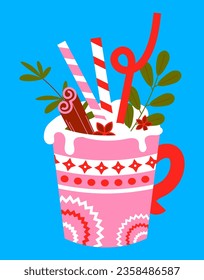 New Year's dessert in pink colors. Vector illustration of a winter drink in a flat style. New Year's cup with a drink and sweets, gingerbread, ring, lollipop.