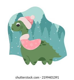 New Year's dinosaur in the winter forest. Vector dinosaur in a pink hat and cape with fur.