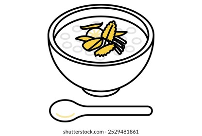 New Year's dish of rice gruel with seven herbs, isometric line drawing icon, Vector Illustration