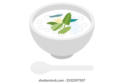 New Year's dish of rice gruel with seven herbs, isometric icon, Vector Illustration