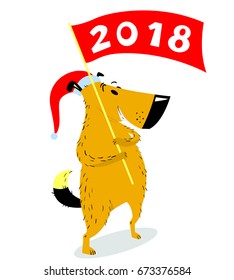 New Year's dog character with banner. Cute pet avatar in Santa's hat. Cartoon vector illustration with dog with flag