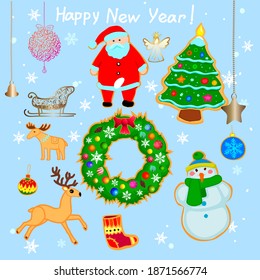 New Year's doodles. A set of Christmas decorations, santaclaus, snowman, clothes, sleigh and other toys. Vector illustration