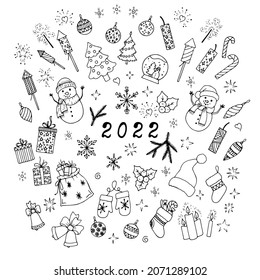 New Year's doodles. Set of vector drawings by hand.