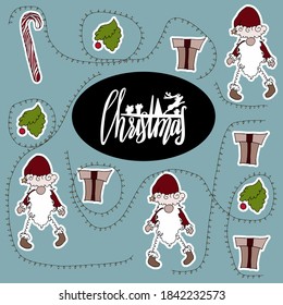 new year's doodles. stickers, stickers.Christmas hand lettering in a frame. Santa Claus,fir branches, snow, snowflakes, gifts, feathers, candycane, candles