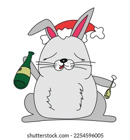 New Year's drawing. Party, drunk hare with a bottle of champagne.